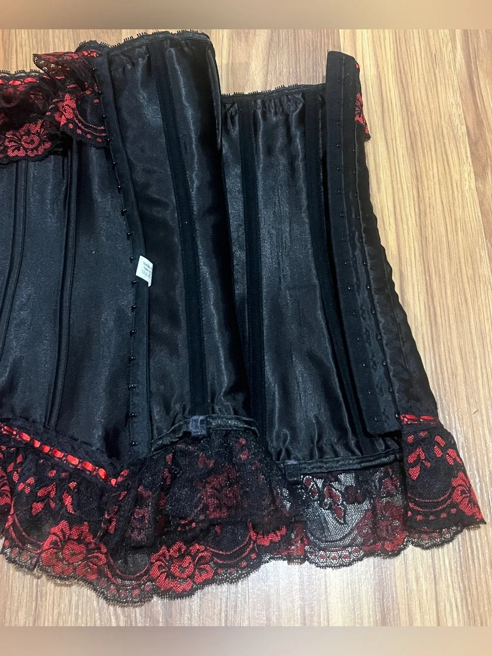 Y2K Gothic Grunge Black Satin Corset Top with Red Ruffle Lace Trim Size M